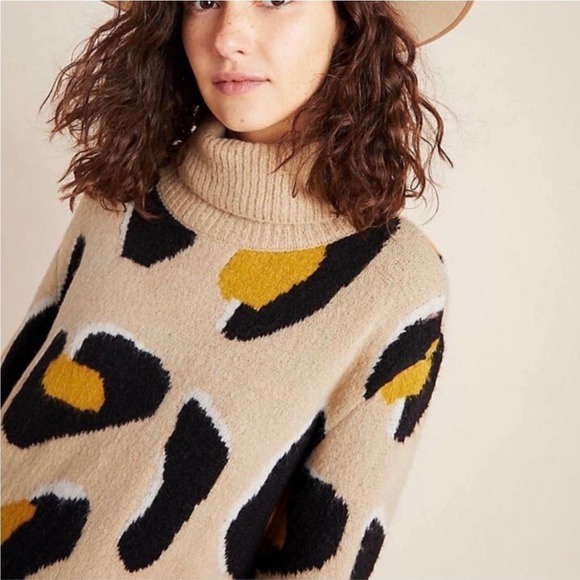 Anthropologie Moth Georgia Leopard Animal Turtleneck Sweater Tan Black Sz Small - Picture 3 of 8